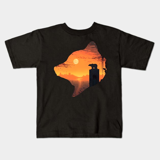 Surreal Bear on top of a building In post apocalypse era Kids T-Shirt by Raywolf